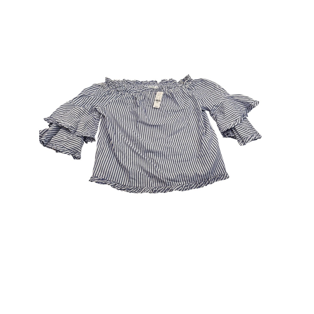 New York & Company Striped Off Shoulder Tiered Bell Sleeve Cotton Blouse Large